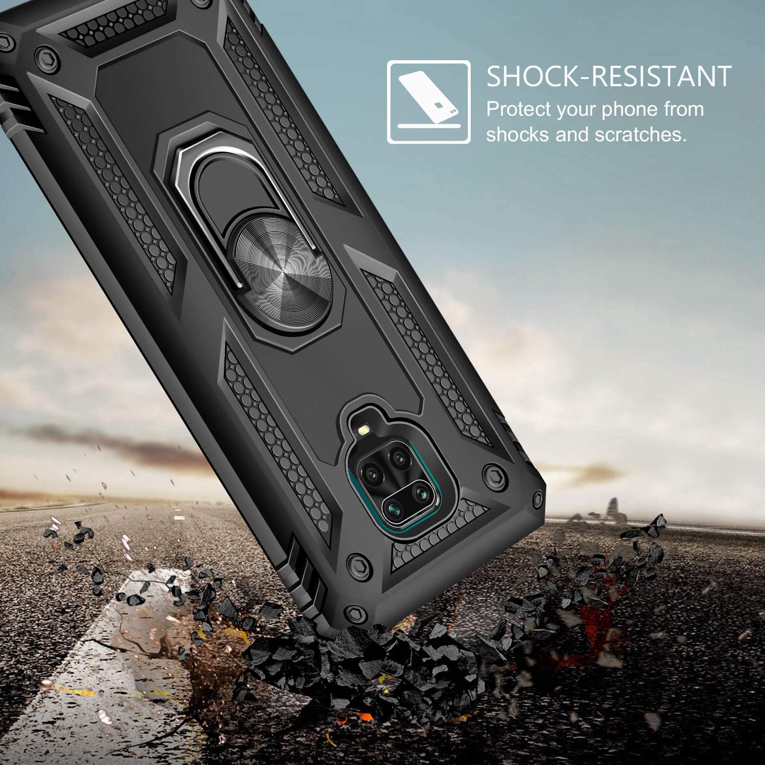 Protectores para celular  para Xiaomi  Redmi Note 9s / 9 Pro Funda reforzada con anillo v2 Negro